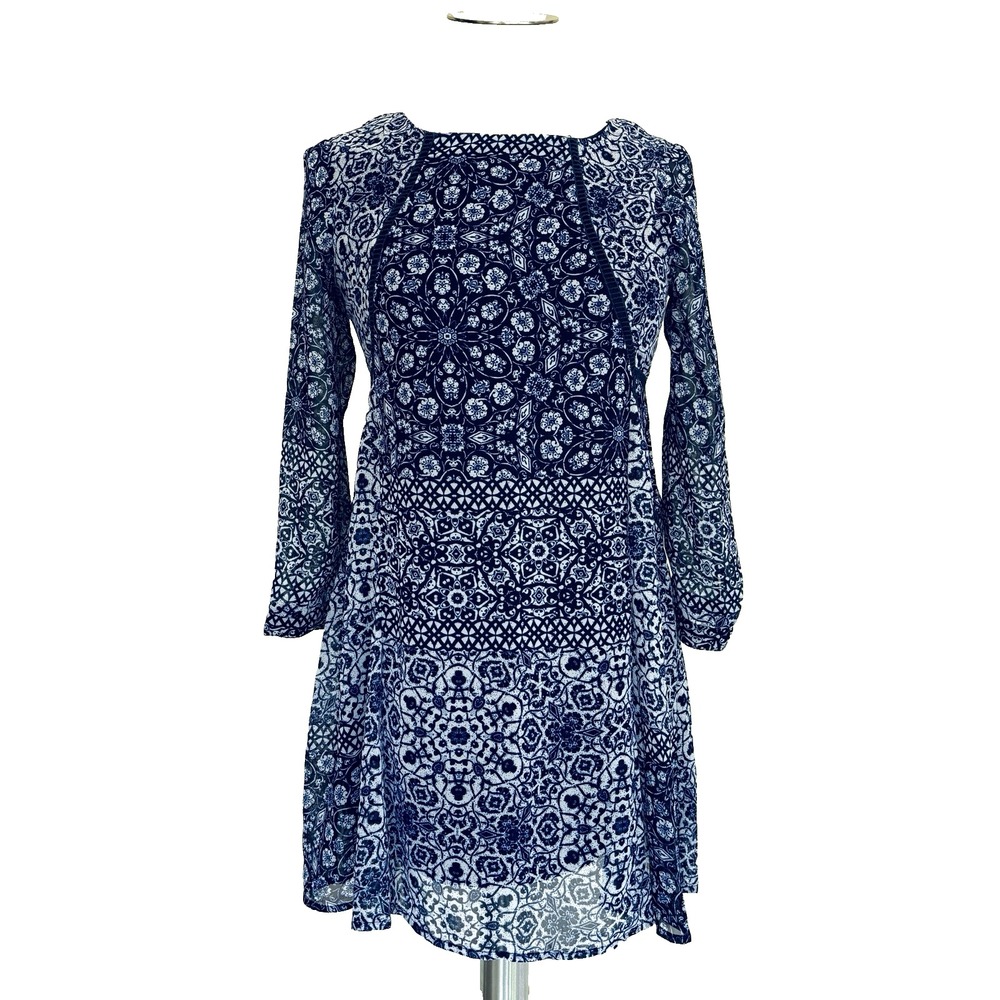 Speechless Women's S Blue Medallion Print Fit & Flare Dress 3/4 Sleeve Boho Chic